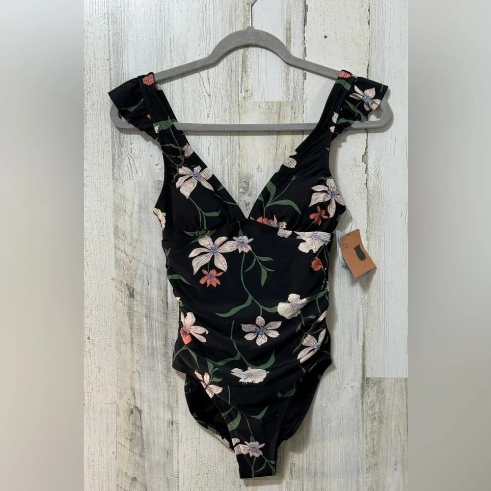 Shade & Shore Black Whit Green One Piece Swimsuit Floral V-Neckline NWT XS